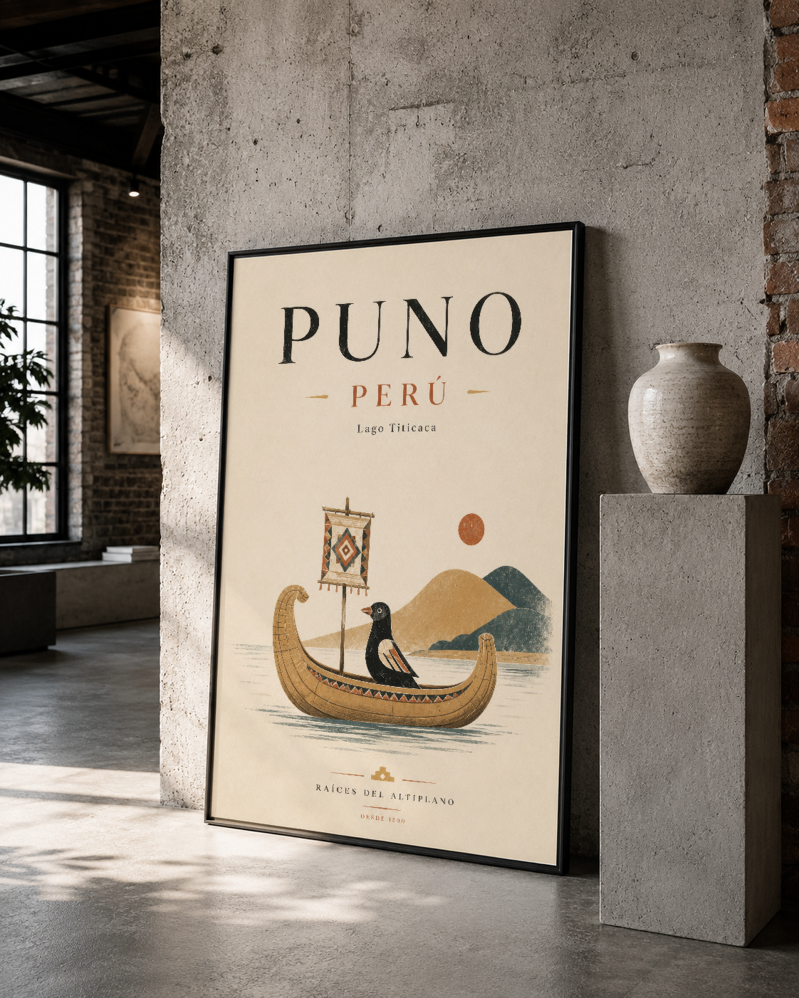 Puno Peru illustrasyonu siyah çerçevede, ipek dokulu orijinal tuğla duvara karşı konumlandırılmış.