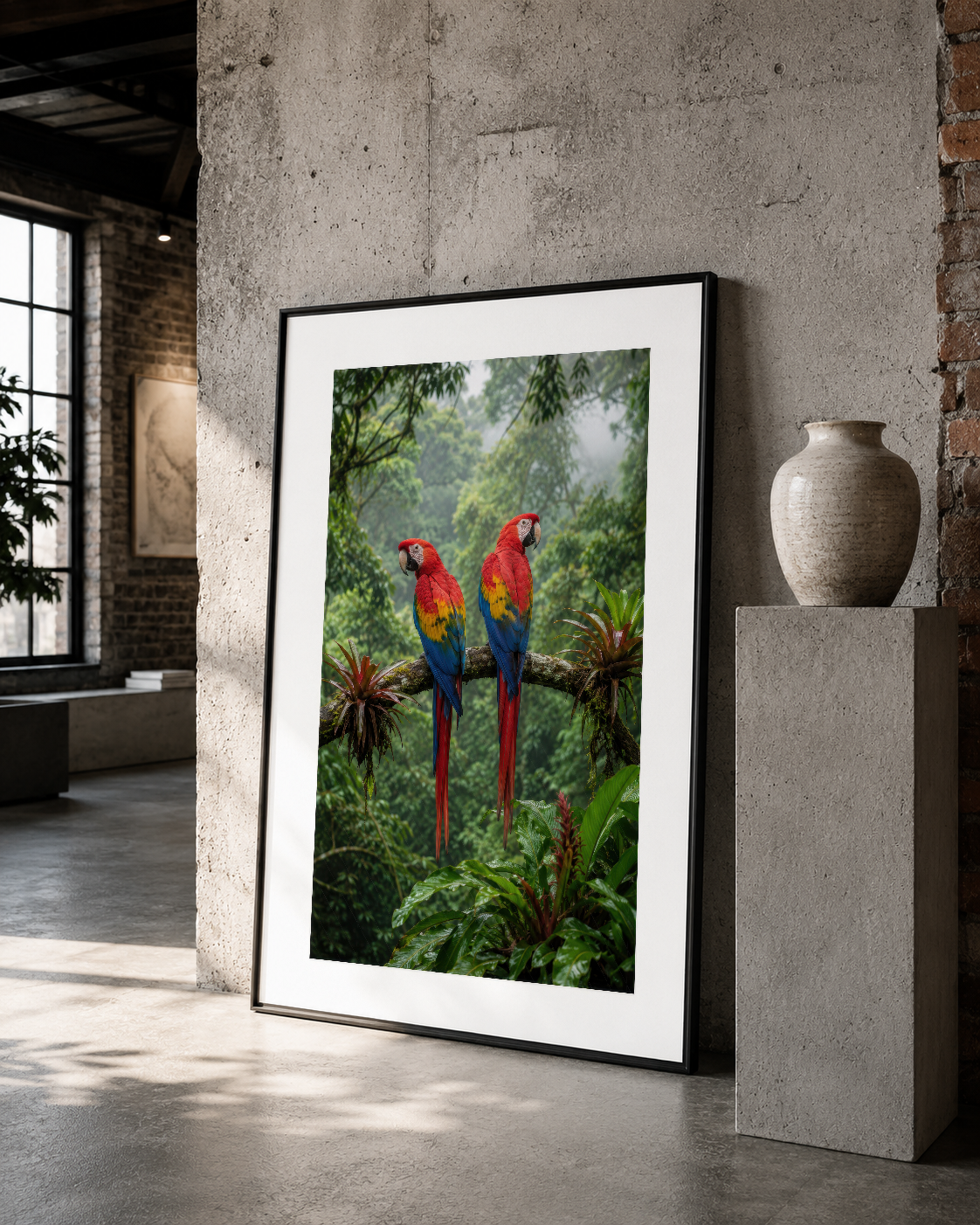 Tropikal orman backdrop önünde iki papağanın portresi, siyah çerçeveli poster biçimde loft alanında durmaktadır.