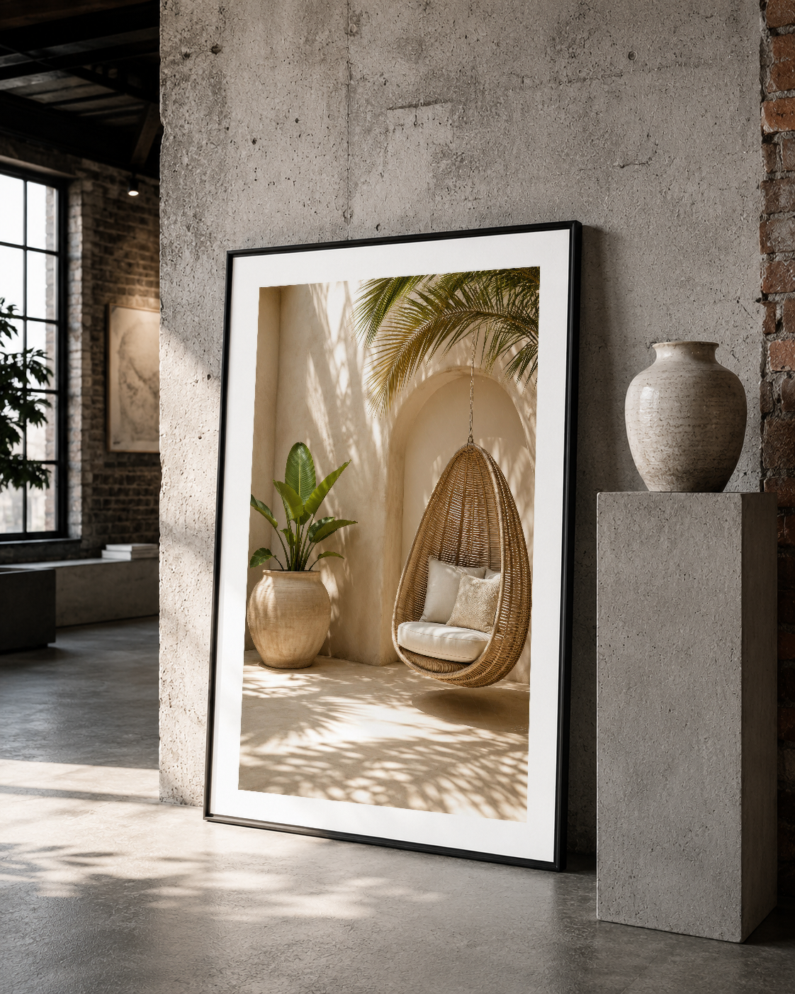 Siyah çerçeveli poster, loft stilinde beton duvar üzerinde, minimalist tropikal iç mekân görseli.