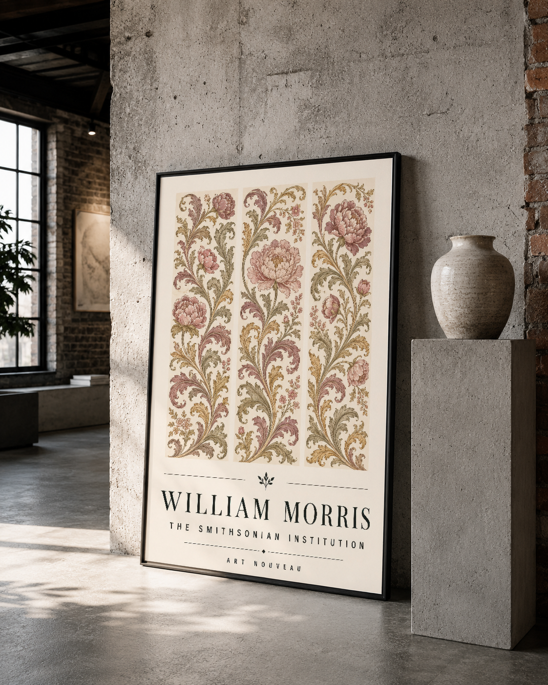 William Morris vintage çiçek motifi tablosu, siyah çerçeve ile beton duvarda minimalist dekorasyon.