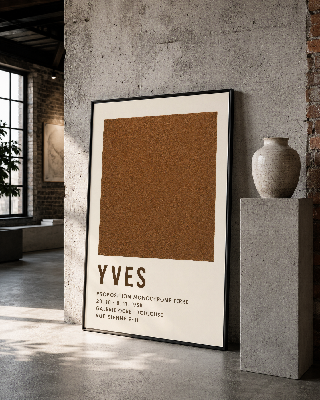 Siyah çerçeveli YVES posteri, ham tuğla ve beton duvarlarla industrial galeri tasarımındaki sanat eserini vurguluyor.