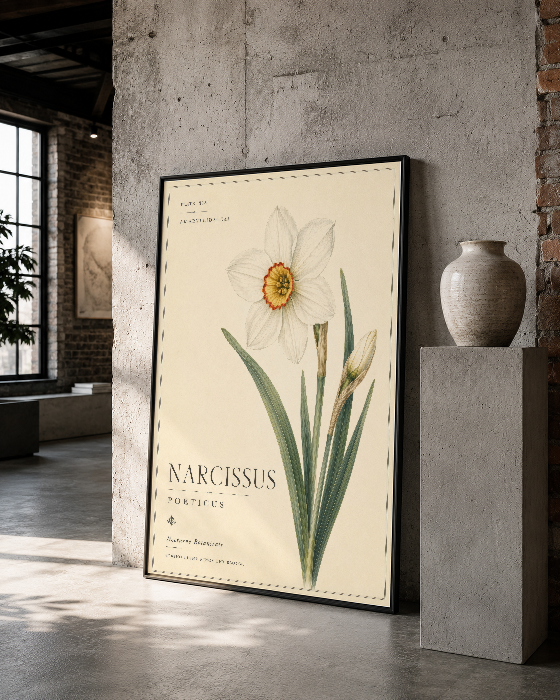 Siyah çerçeveli nergis tablosu, modern loft mekanında beton duvarlar arasında elegantly konumlanmıştır.