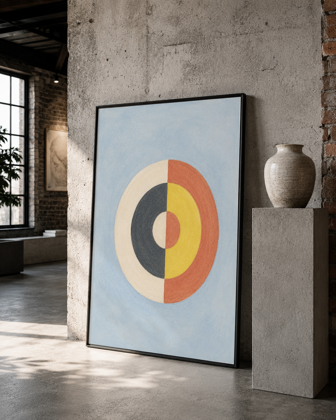 Siyah çerçeveli minimal tasarım daire poster, kültür ve sanat ortamında duvar sanrı olarak sunuluyor.