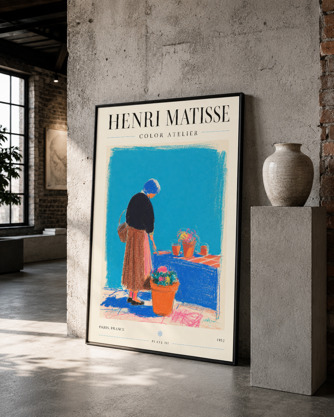 Henri Matisse Color Atelier posteri, siyah çerçevede, minimalist mekânda sanat eseri olarak yer alan canlı baskı.