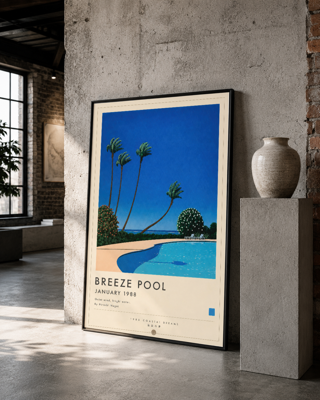 Breeze Pool temalı duvar tablosu, siyah çerçevesiyle endüstriyel ve beton duvar kombinasyonunda şık bir görünüm