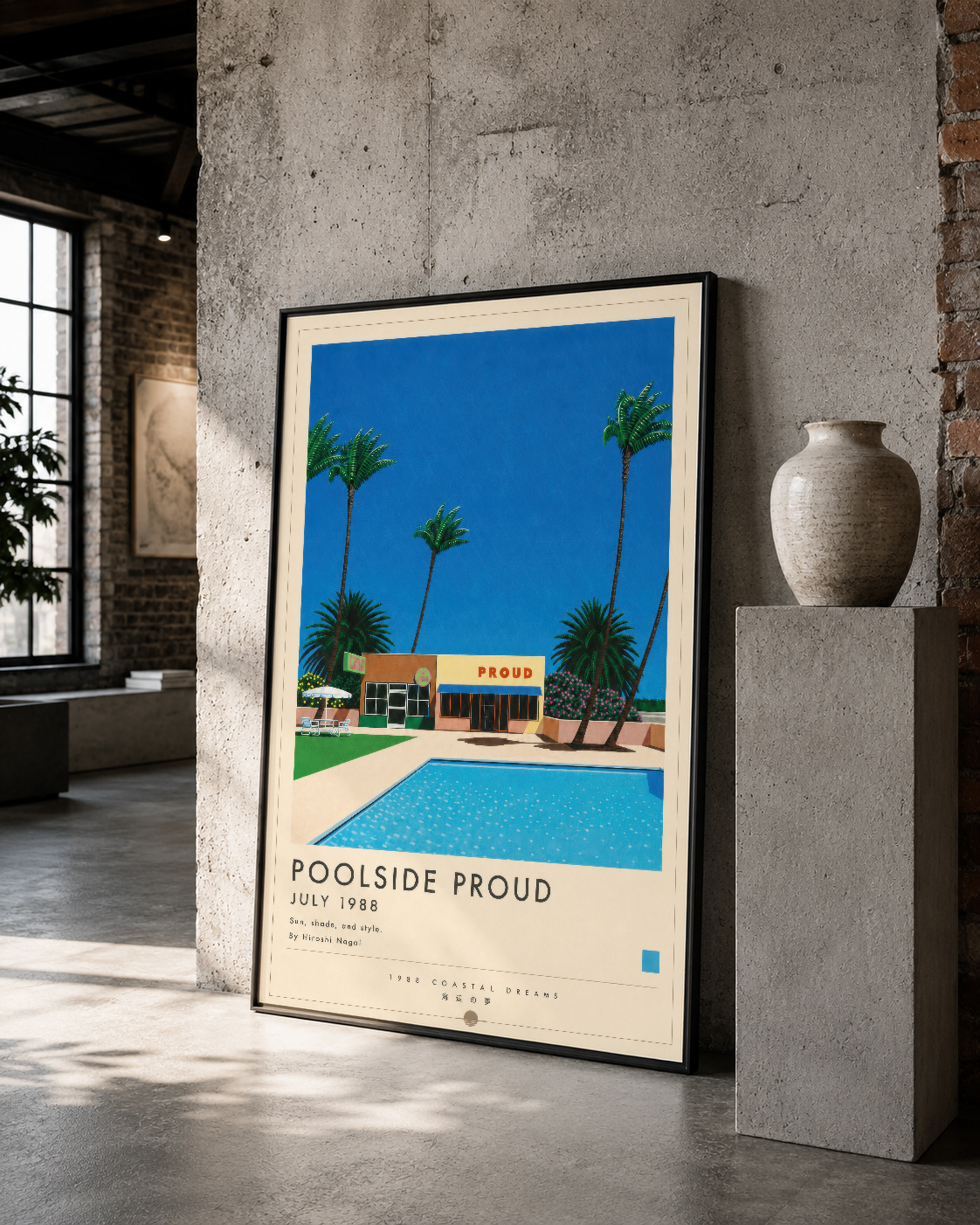 Siyah çerçeveli Poolside Proud sanat eseri, beton indüstriyel iç mekanda retro havuz tasarımı görüntüsü sunuyor.