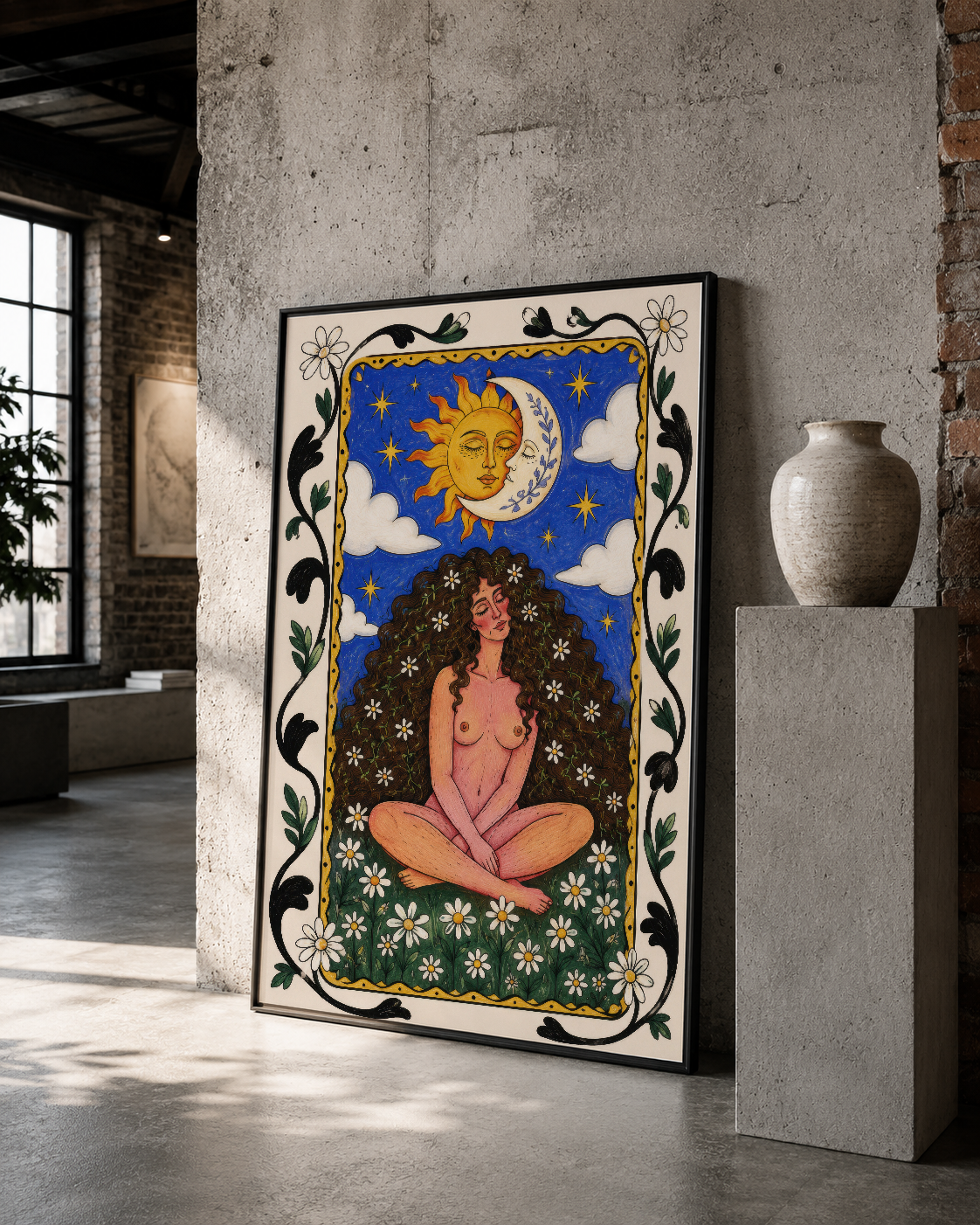 Siyah çerçeveli sanat baskısı, dengeleme figürü ve ay-güneş sembolleri, astroloji temalı dekoratif tablo.