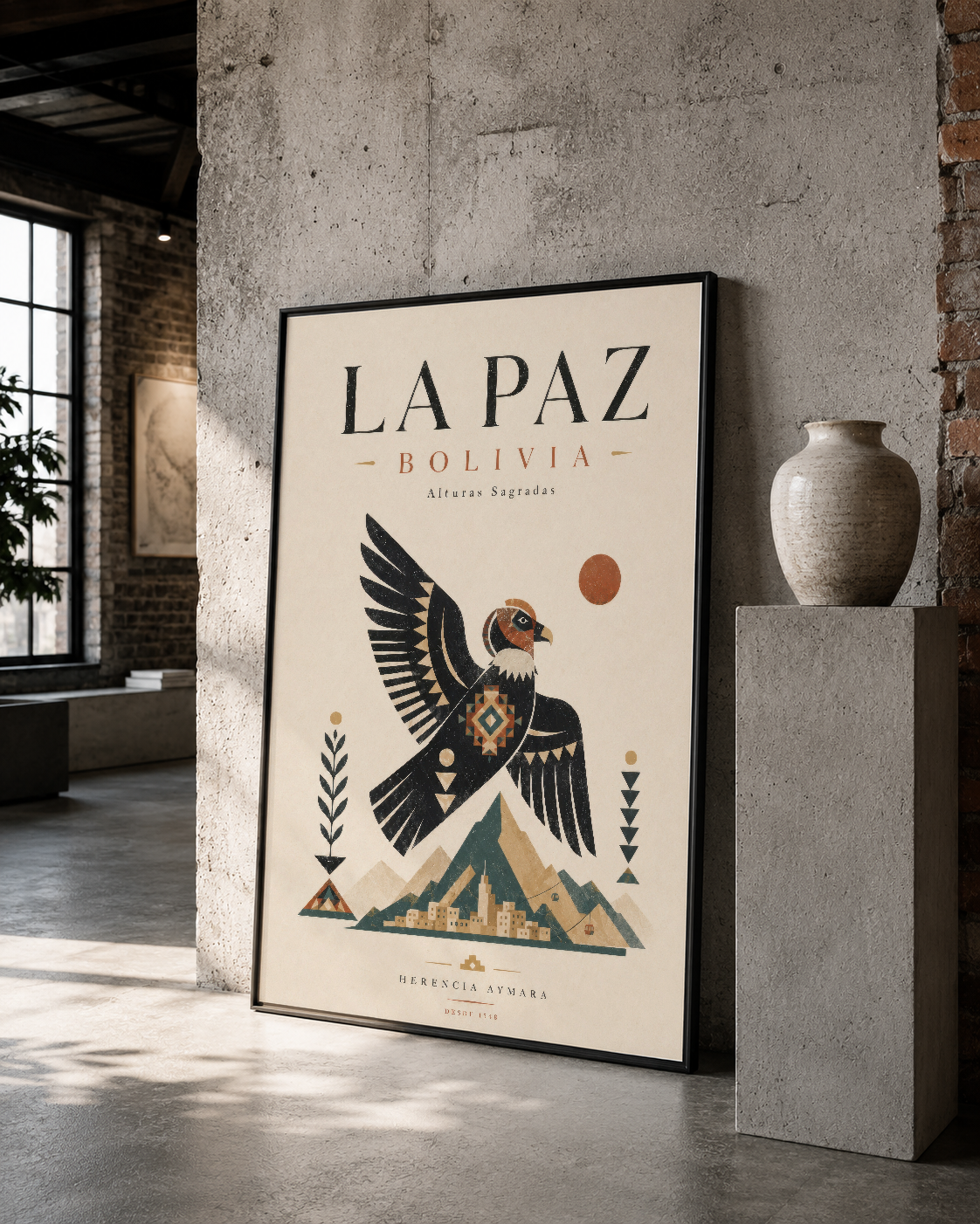 Siyah çerçeveli La Paz Bolivia posteri, andean kartal ve geometrik desen ile modern loft dekorasyonu.