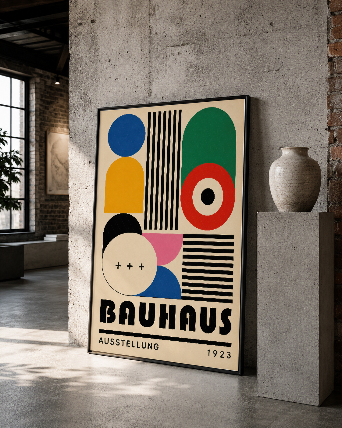 Çerçeveli Bauhaus poster, beton duvar ve minimalist mekan tasarımıyla avangard estetik yaratıyor.
