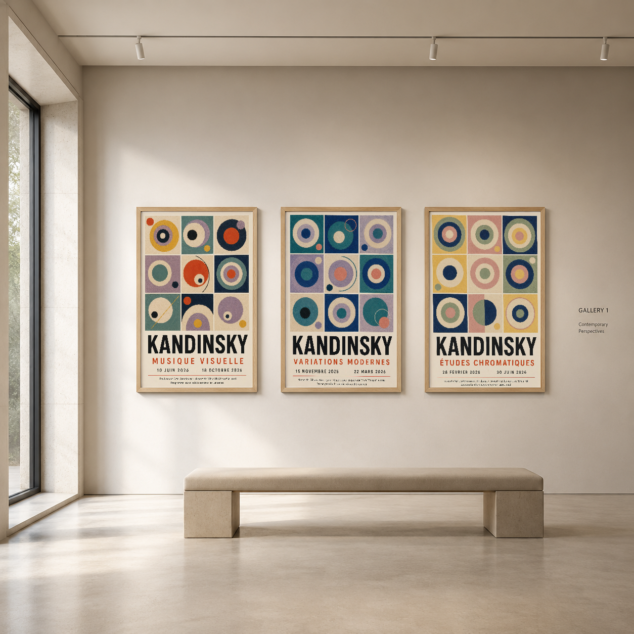 Kandinsky'nin soyut daire tasarımı, çerçeveli üç panelden oluşan setin galeriye özgü sergileme düzeniyle mekanı dönüştürüyor.