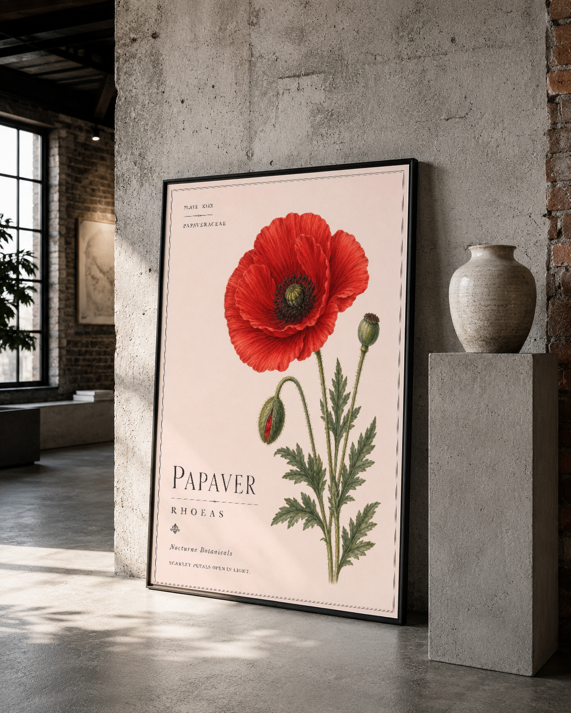 Siyah çerçeveli klasik botanik poster, detaylı kırmızı çiçek ve yaprak illüstrasyonu.