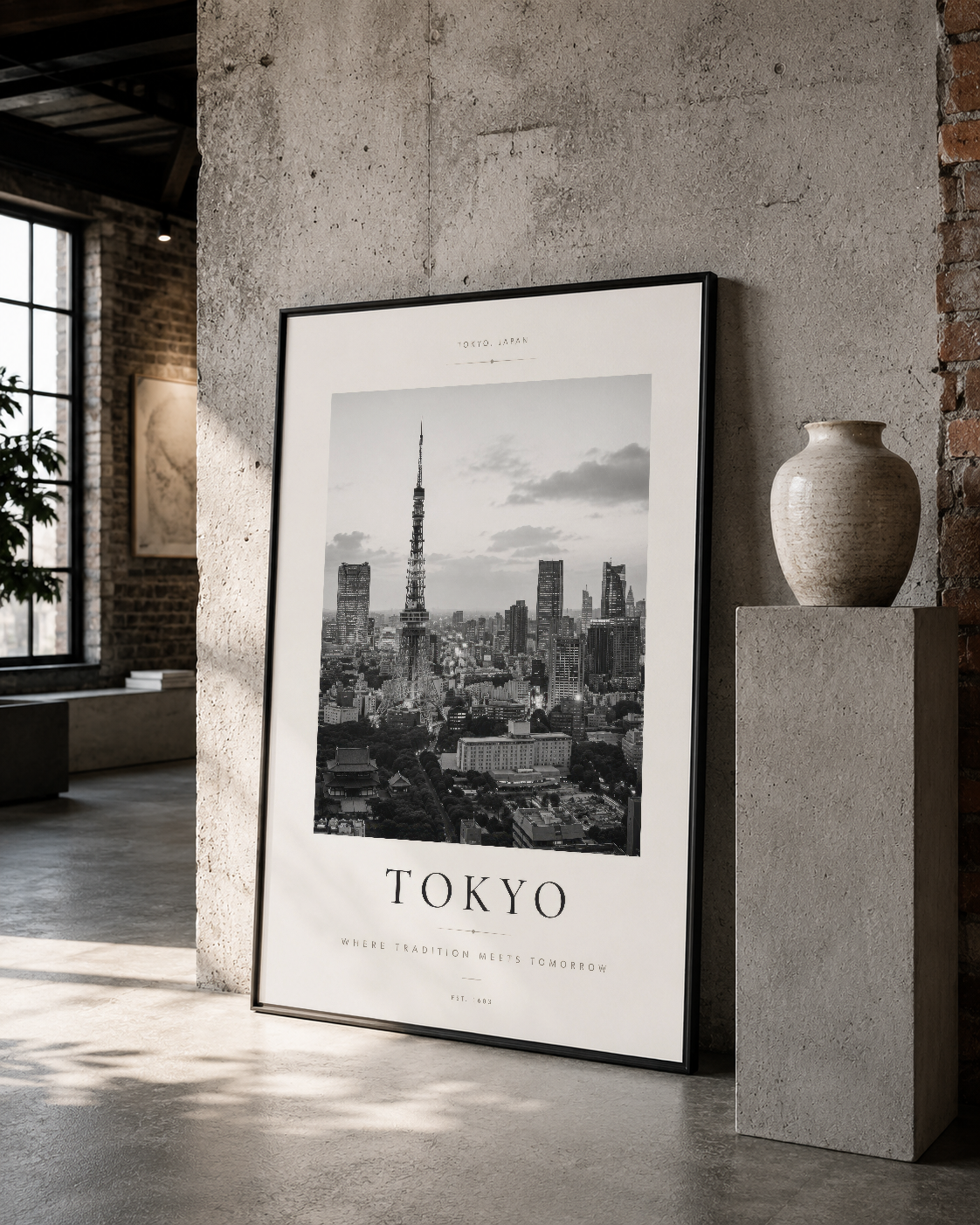 Tokyo şehir fotoğrafı siyah çerçeveli poster, çimentolu duvara karşı modern iç mekan dekorasyon.