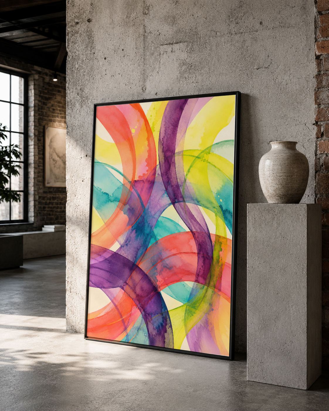 Canlı geometrik desenli soyut tablo, siyah çerçevede loft tarzı mekanın sanat duvarında.