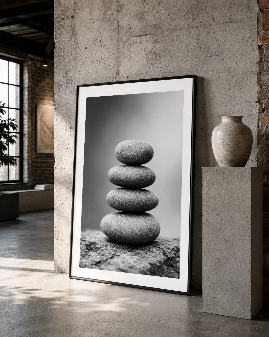 Modern loft tarzında yerleştirilmiş, zen düşüncesini yansıtan siyah çerçeveli taş dengesi tablosu.
