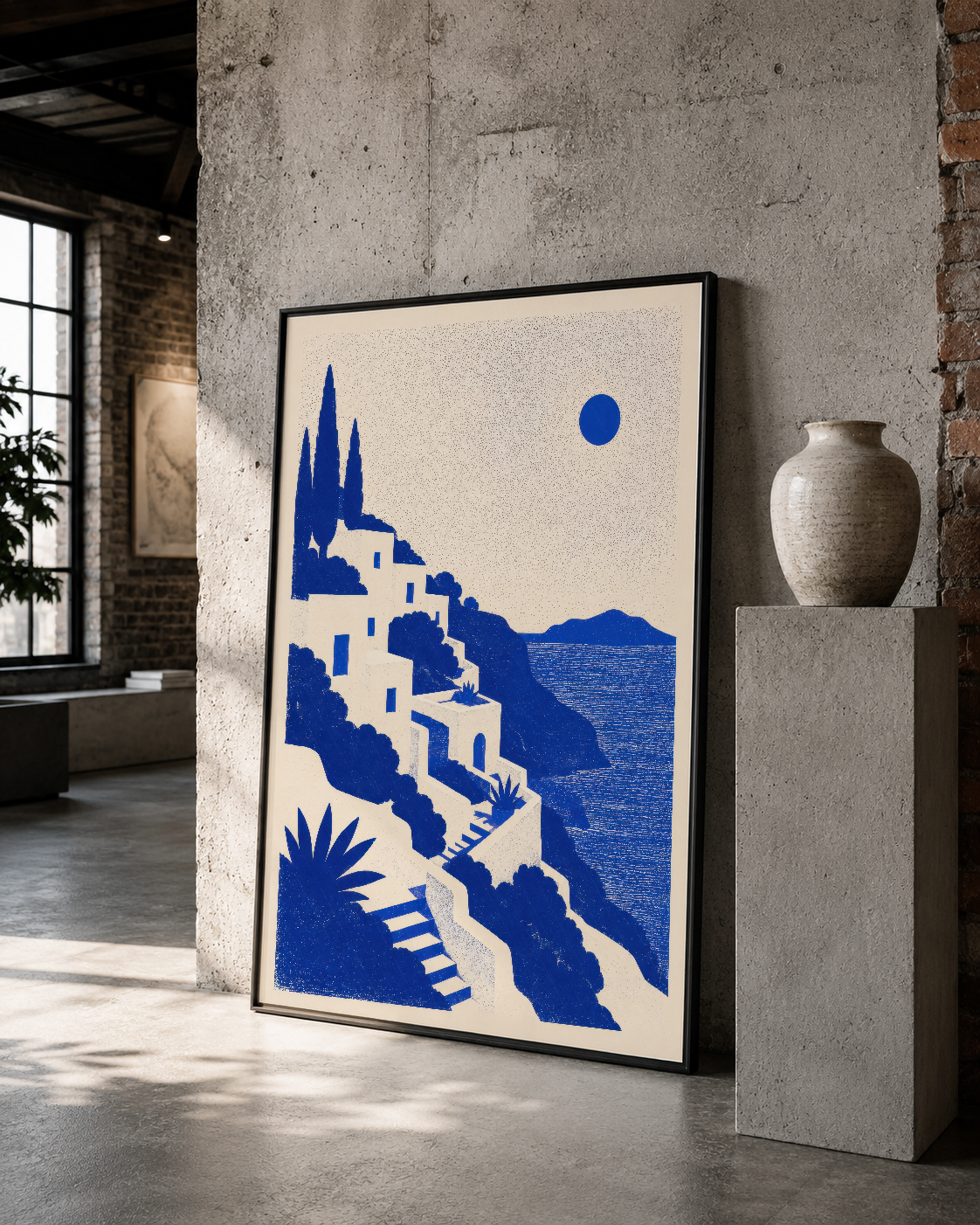Siyah çerçeveli, mavi gökyüzü ve kütlesel formlar gösteren minimalist sanat eseriniz.