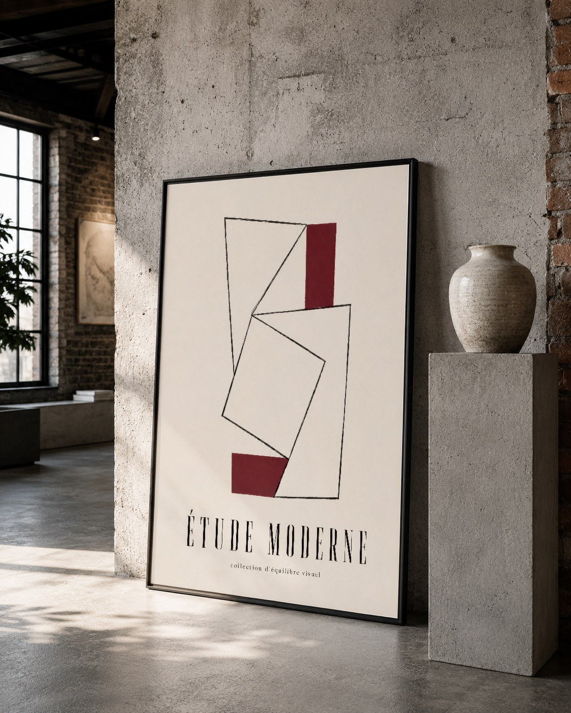 Etüd Moderne başlıklı soyut poster, siyah çerçeveli, loft tarzı beton duvar dekorasyonuna uyumlu tasarım.