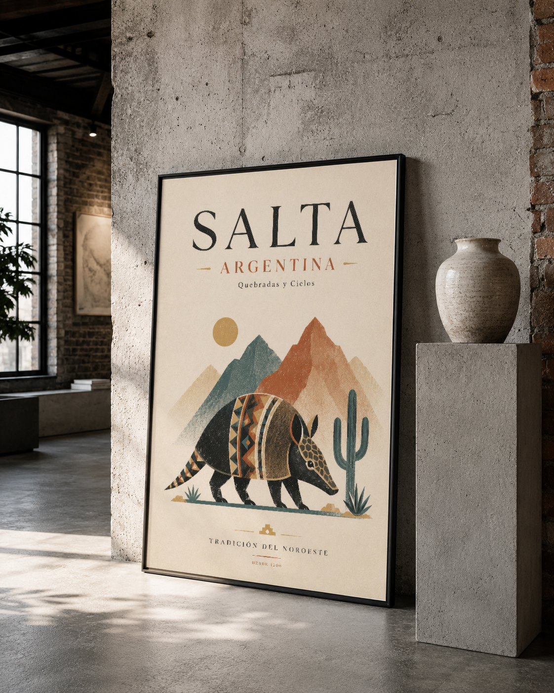 Dağ ve hayvansevgi motifli Salta posteri, siyah çerçevede beton duvarda sanat galerisi stilinde.