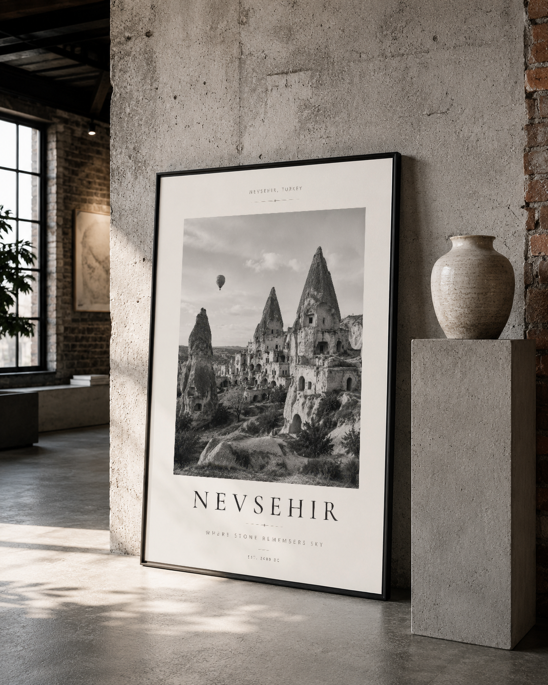 Nevsehir'in başyapıtı siyah çerçeveli duvar tablosu, modern minimalist iç mekanda sergilenen.