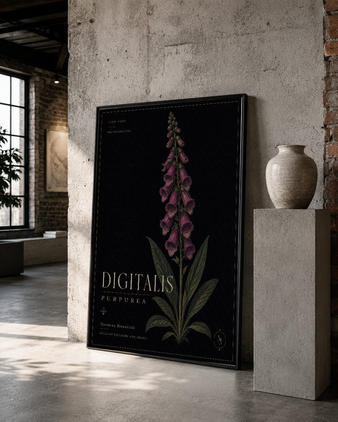 Digitalis purpurea tasarımlı siyah tablo, siyah çerçeveli, gri beton duvar üzerinde dekoratif sergileme.