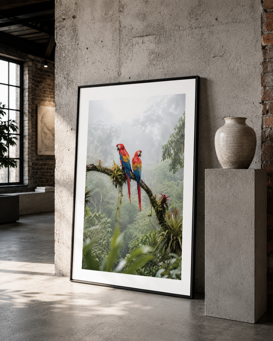 Tropikal papağan fotoğrafı siyah çerçevede, minimalist iç mekânda sanat eseri olarak yerleştirilmiş.