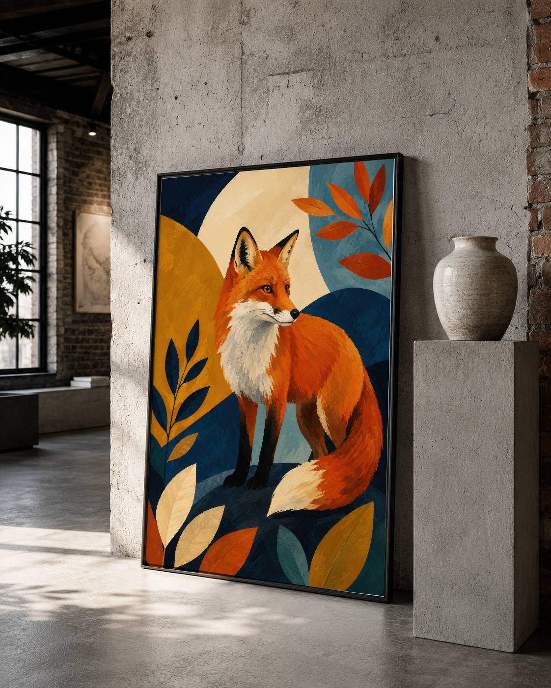 Geometrik yapıdaki tilki ilustrasyonu, siyah çerçeveli haliyle endüstriyel loft stilinde sofistike bir görünüm yaratıyor.