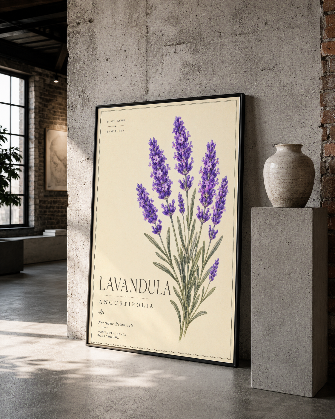 Siyah çerçeveli lavanta posteri, beton duvarda sanat eserinin geliştirilmiş görünümü sunuyor.