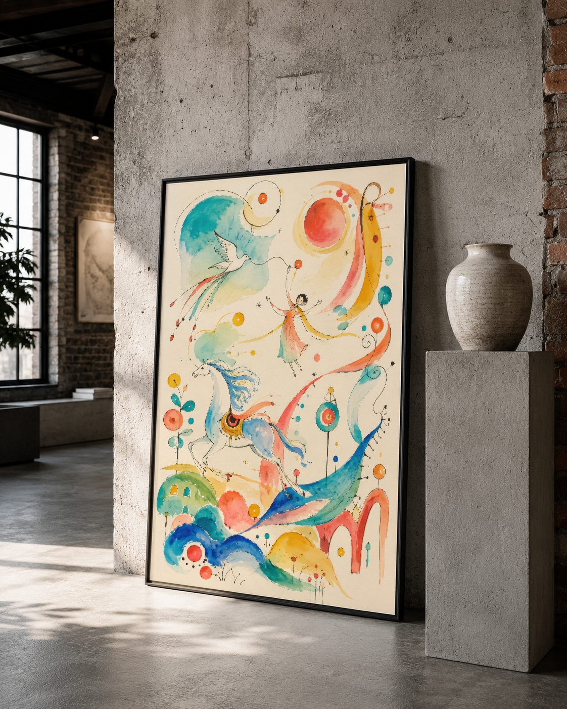 Sürreal ve whimsical tarzda uçan figürler ve renkli elemanlar içeren sanat eseri, siyah çerçevede minimalist ortama uyum
