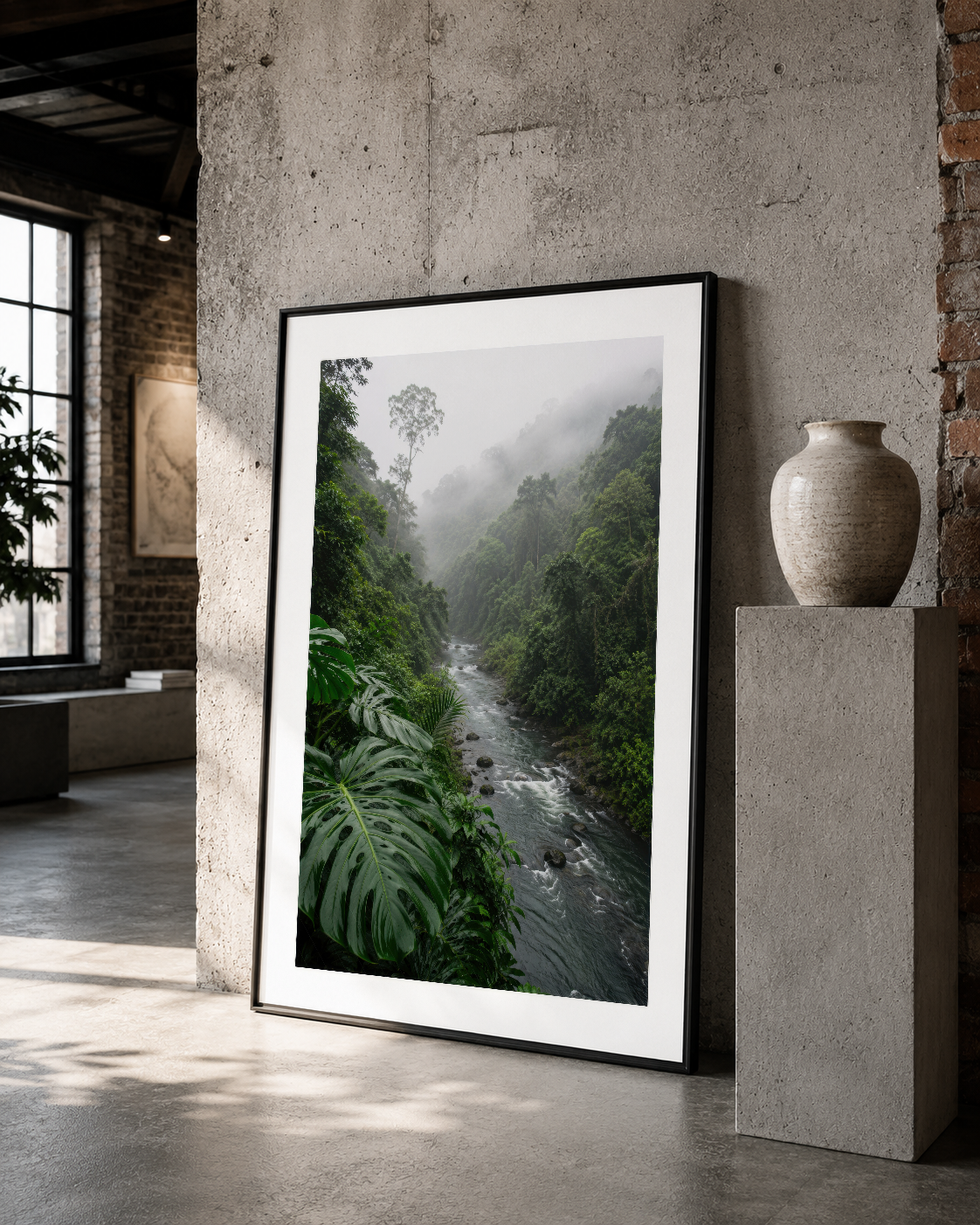 Yeşil vadide akan nehir fotoğrafı siyah çerçeveli poster, beton tarzı iç mekanda sergilendi.