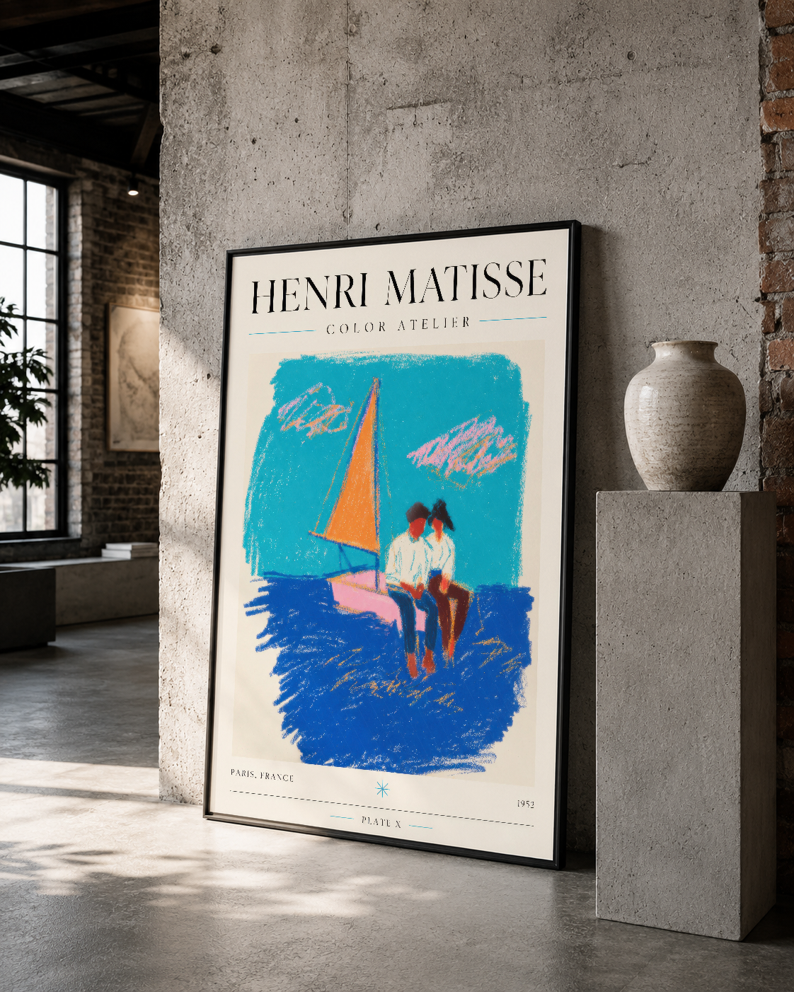 Matisse'in rengarenk deniz sahnesi posteri, siyah çerçeveli, endüstriyel modern alanda.