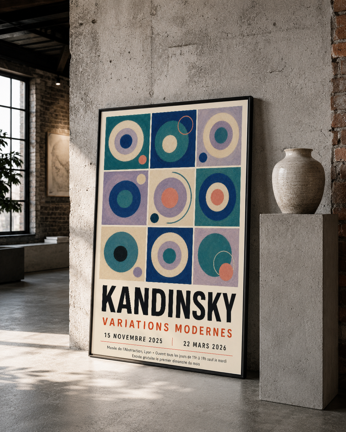 Kandinsky sergisi posteri, soyut çemberler ve renkli geometrik tasarımı modern galeri alanında siyah çerçevesiyle