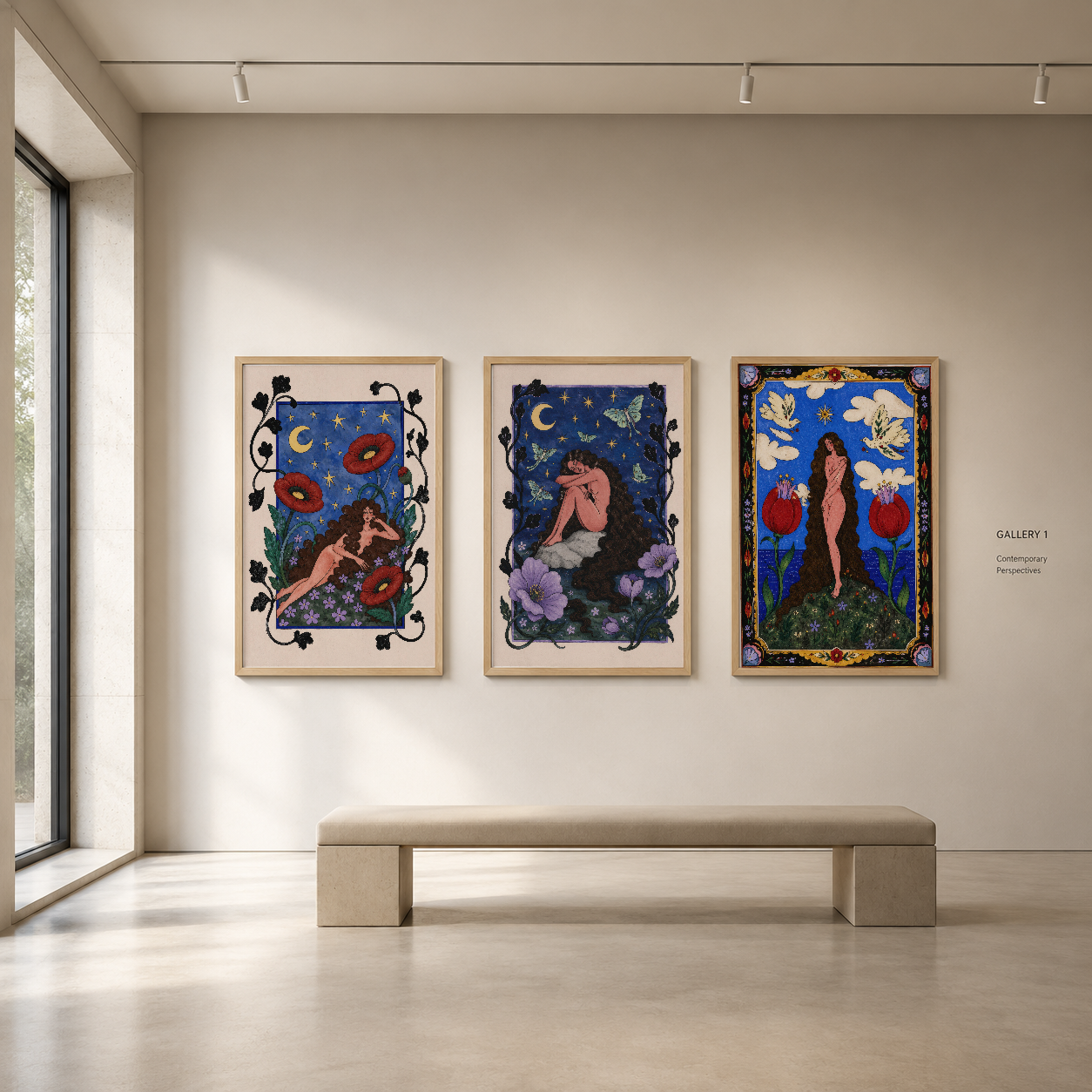 Çerçeveli üç panel tablo koleksiyonu, stilize figürler ve floral motiflerle galeri alanında sergileniyor.
