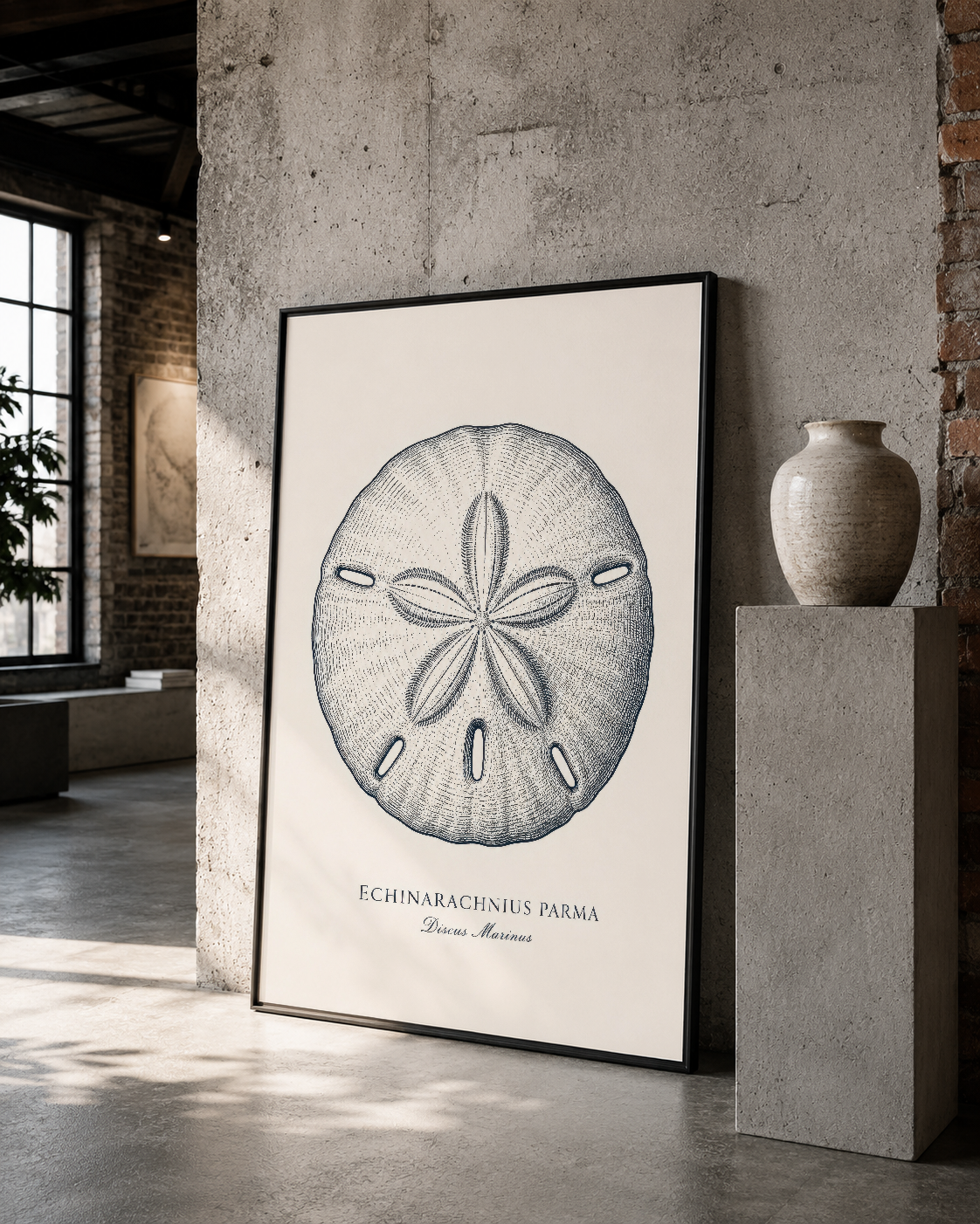 Siyah çerçeveli deniz yıldızı botanik baskısı, loft stilinde taş duvara asılmış poster.