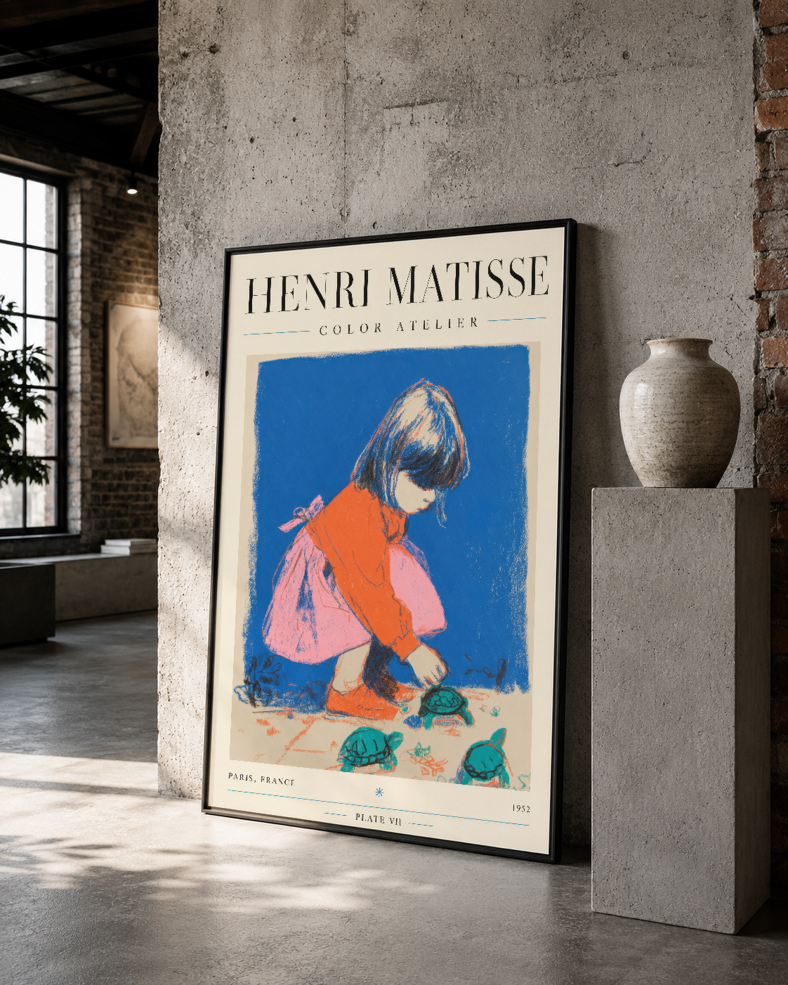 Siyah çerçeveli Matisse sanat posteri, endüstriyel beton duvarda, çağdaş estetikle sergileniyor.