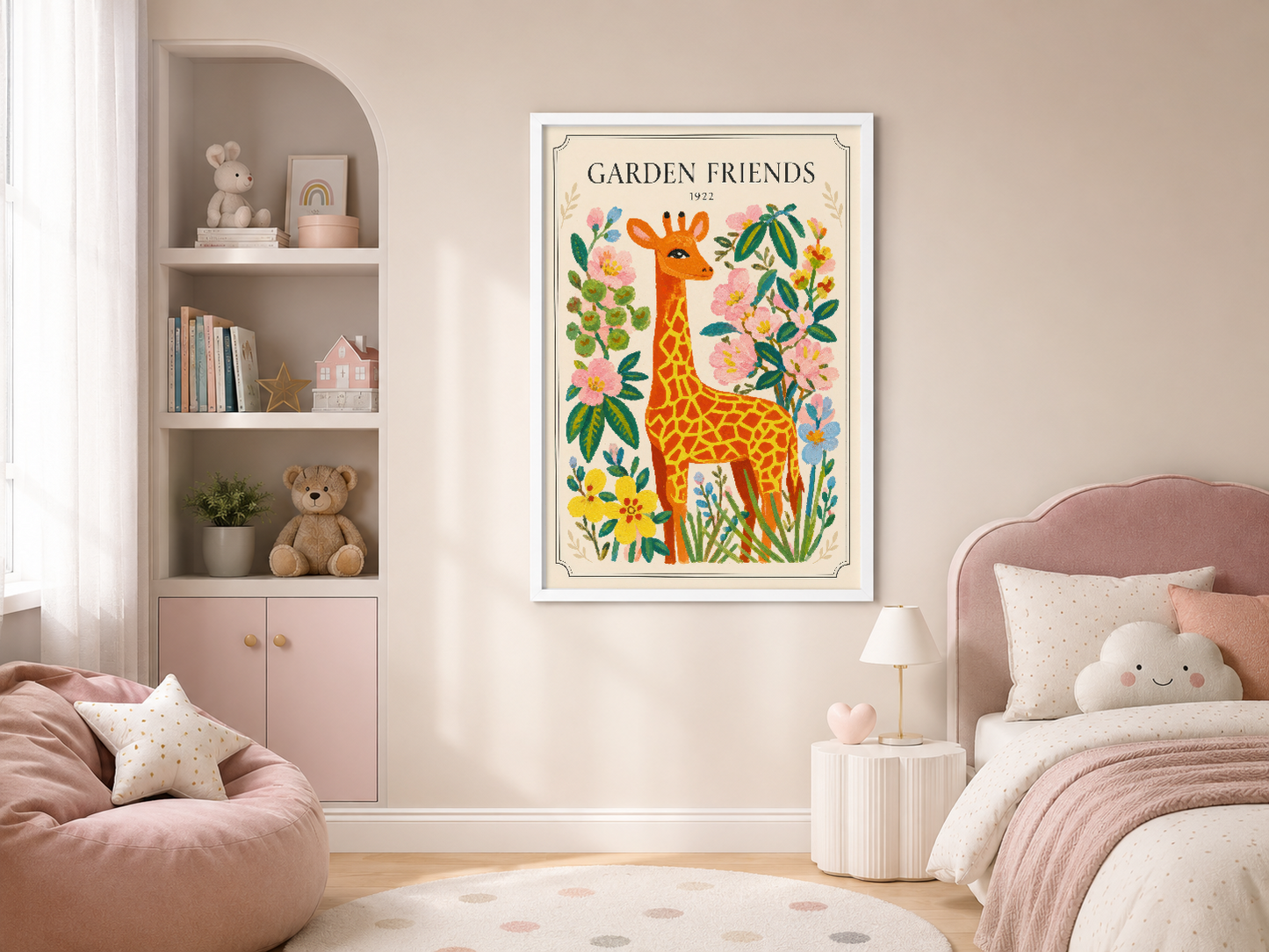 Beyaz çerçeveli Garden Friends posteri, pembe tonlarındaki çocuk yatak odasının merkez parçası.