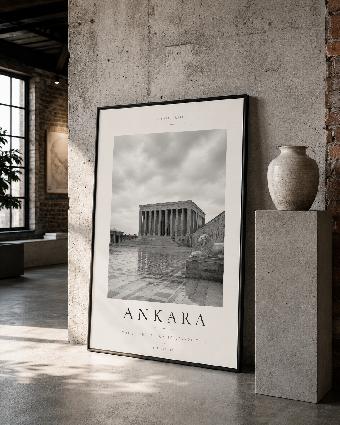 Ankara Anıtkabir siyah beyaz fotoğraf posteri, siyah çerçeveli, endüstriyel loft stilinde dekoratif duvar sanatı.
