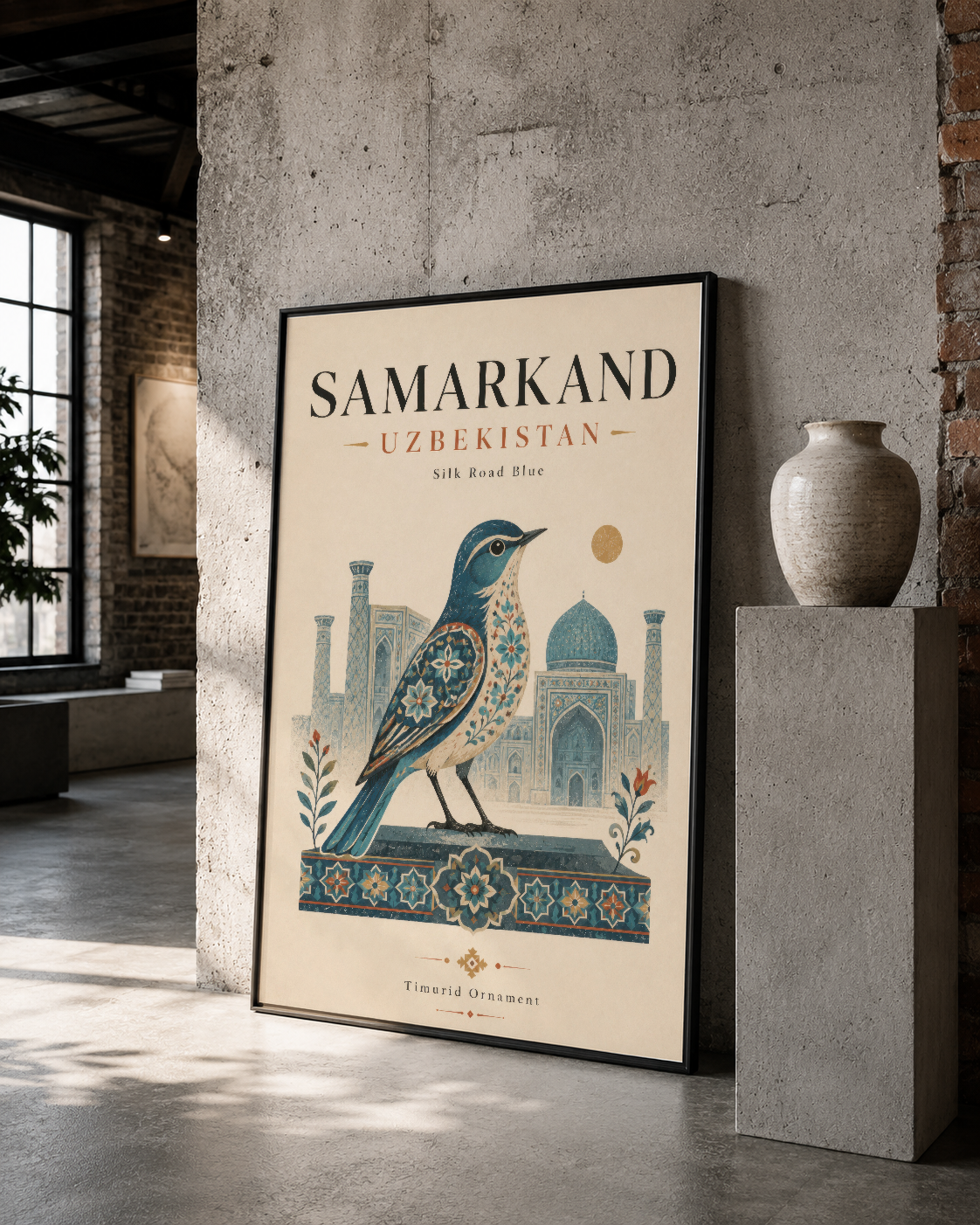Samarkand şehri motifli dekoratif poster, siyah çerçeveli, çağdaş loft ortamında sergilenir.