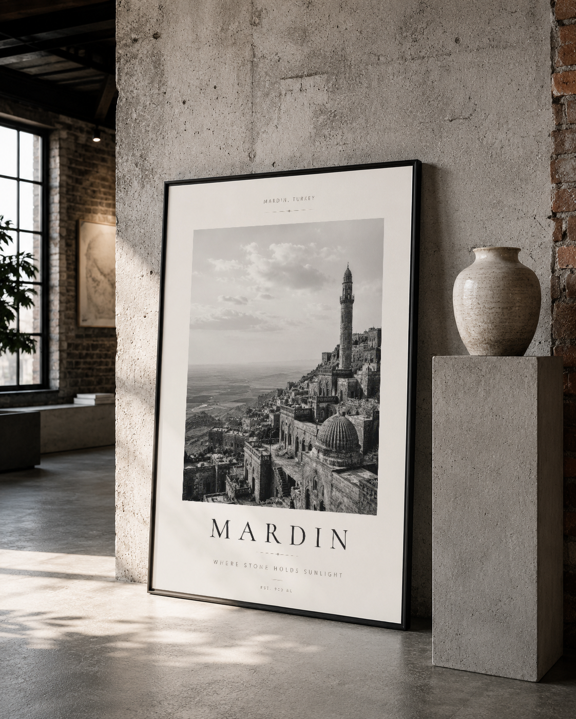Mardin kent manzarası, siyah çerçeveli tablonun dönemsel dekor aksanı olarak yer aldığı loft stiliyle uyumlu.