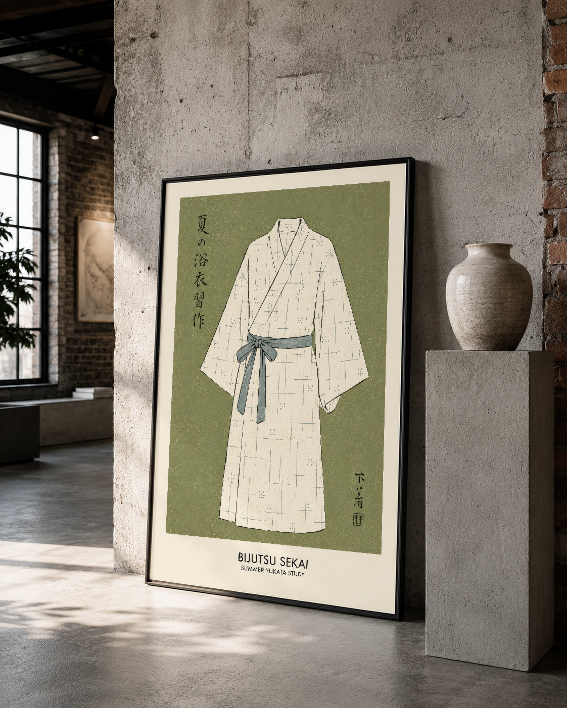 Siyah çerçeveli Bijutsu Sekai tablosu, modern loft ortamında duvar sanatı olarak konumlanmış.