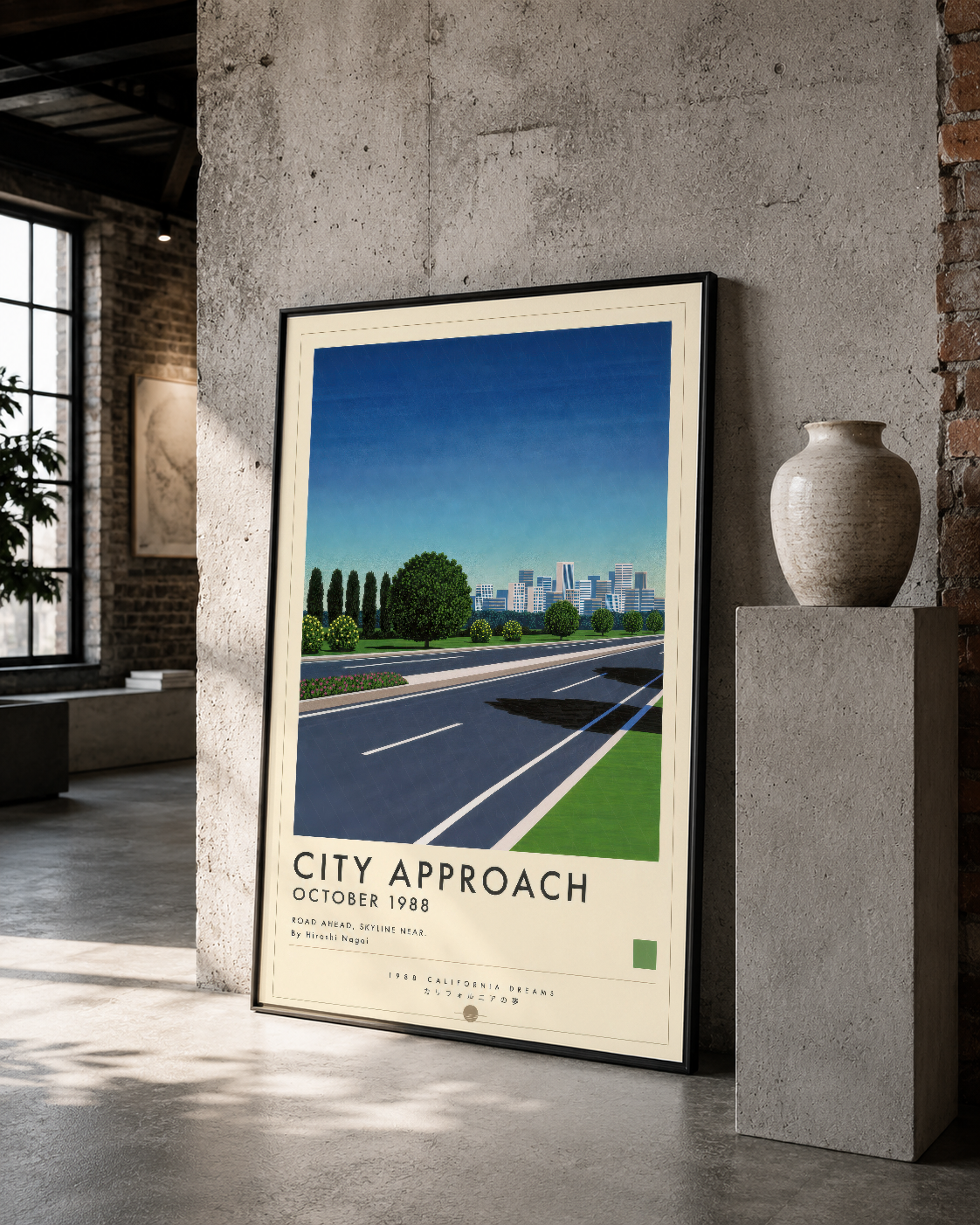 City Approach posteri, siyah çerçeveli, beton duvarında sanat galerisinde sergilenen retro stil şehir manzarası.