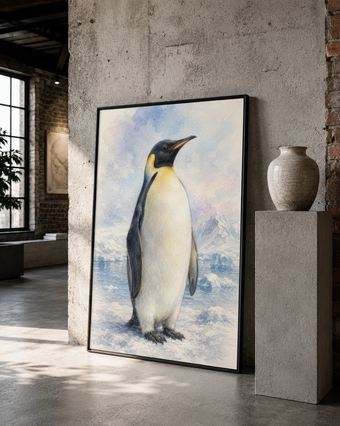 Siyah çerçeveli penguen tablosu, loft stili depo mekanda heykelle beraber sergilenen sanatsal dekorasyon.