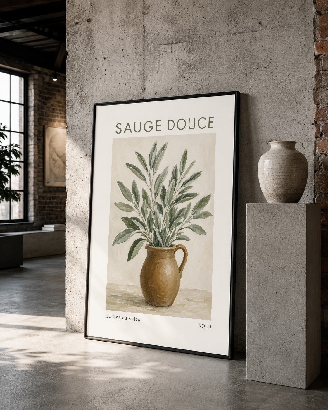 Sauge Douce poster, siyah çerçeveli, beton duvarda doğal botanik tasarımı vurgulayan modern tablo.