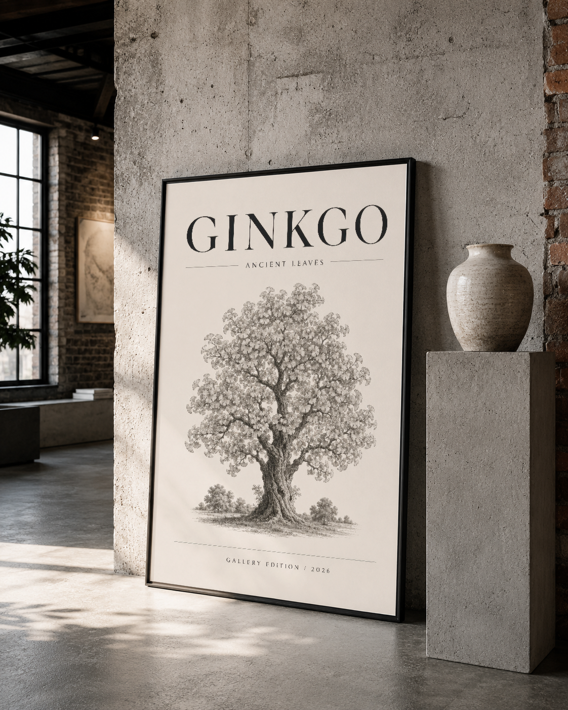 Siyah çerçeveli Ginkgo baskısı, loft stilde gri beton duvarında sanat eseri olarak sergilenen.