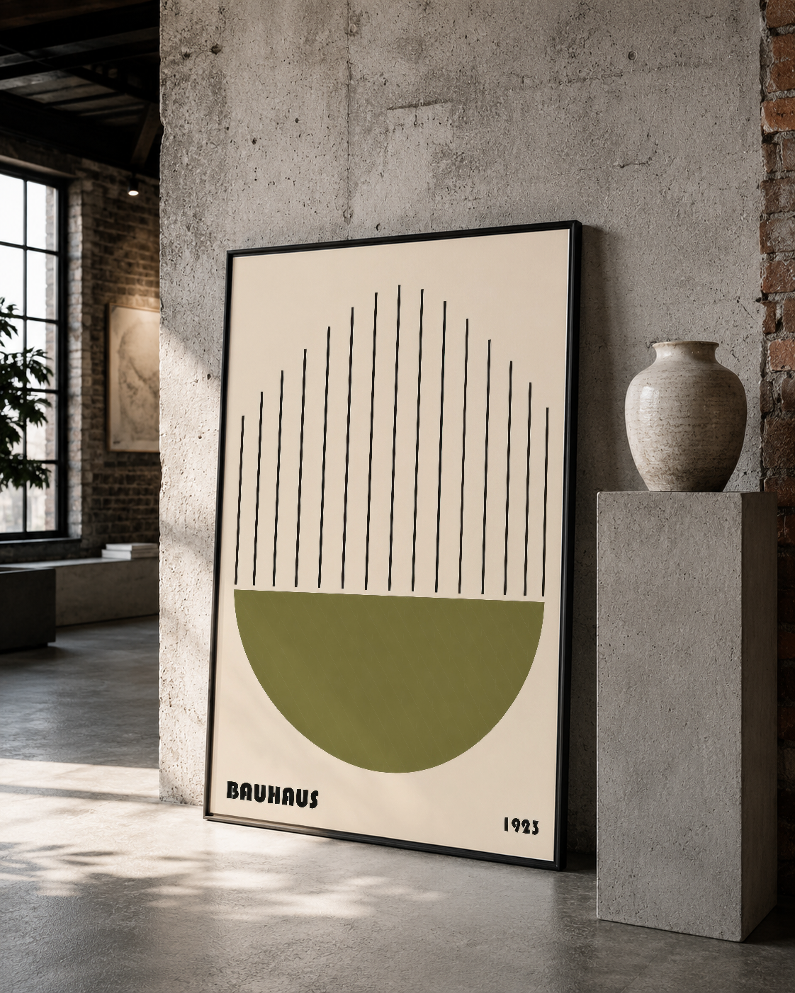 Siyah çerçeveli Bauhaus poster, çizgisel ve organik formların dengeli birleşimiyle loft stilinde etkileyici bir duvar sanatı