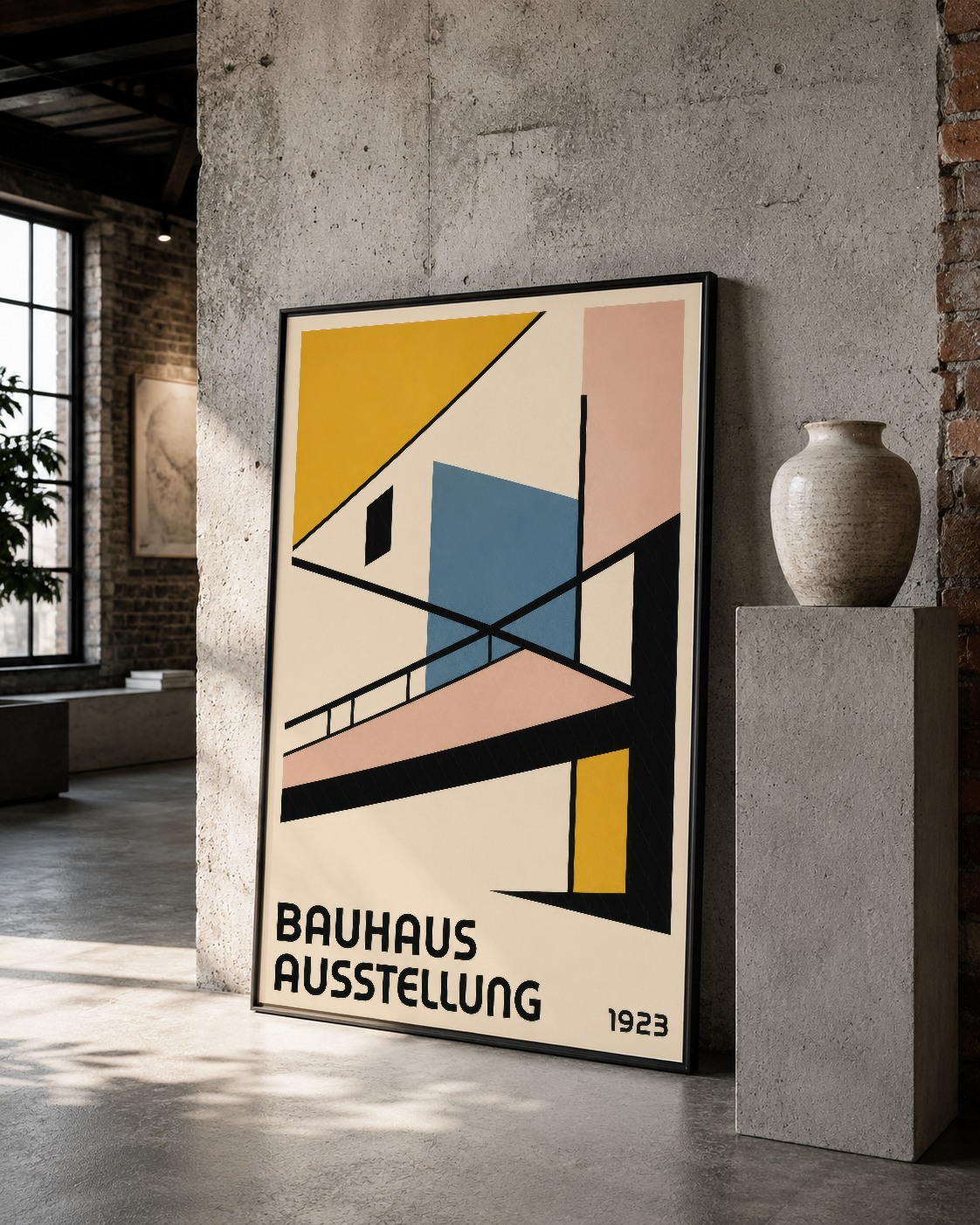 Bauhaus klasik tablosu, siyah çerçeveli, minimalist iç dekorasyonda geometrik sanat eseri.