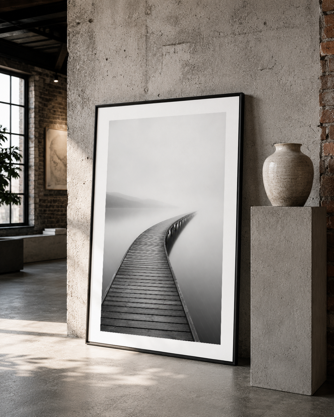 Siyah çerçeveli siyah beyaz iskele sanat tablosu, minimalist endüstriyel oda tasarımında yer alan etkileyici görsel.