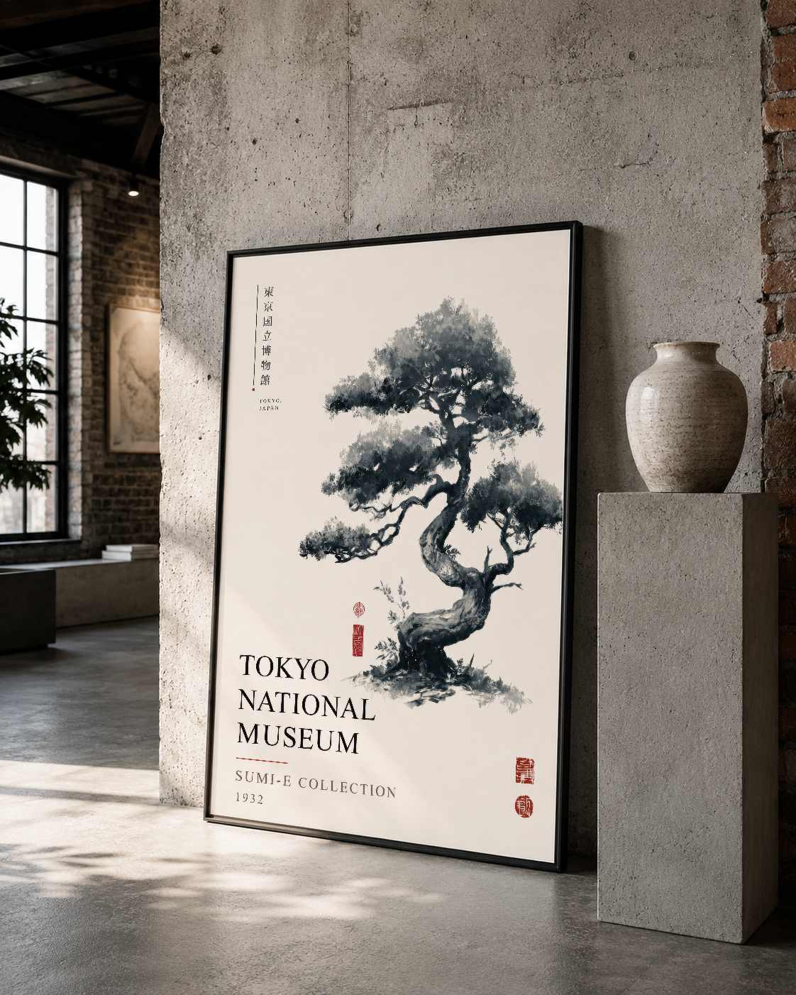 Bonsai müze posteri siyah çerçevede, neoklasik endüstriyel dekorla beton duvar ve seramik vazo yanında.