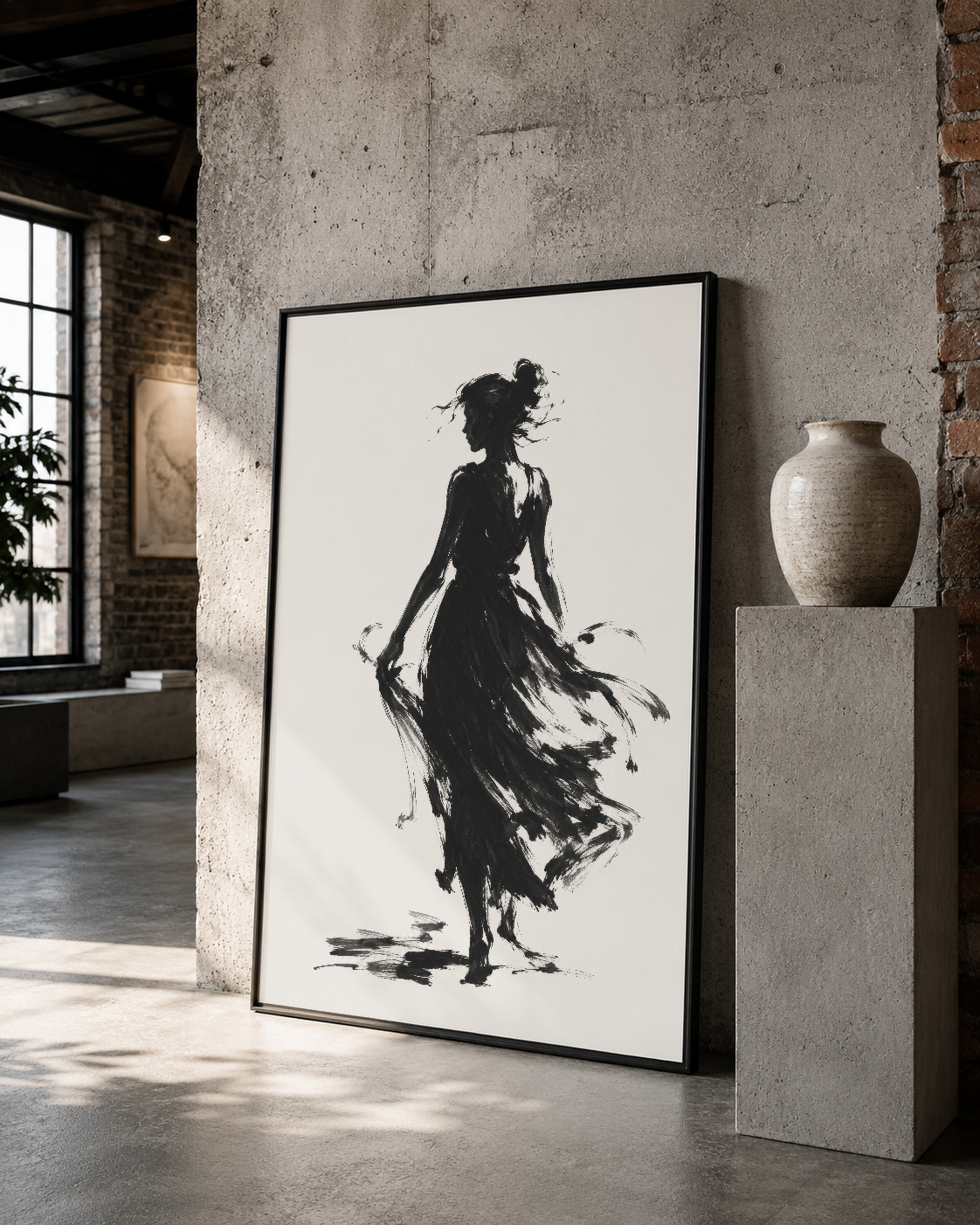 Çizgisel dansçı portresi, siyah çerçevelenmiş table, loft tarzı mekan duvarında.