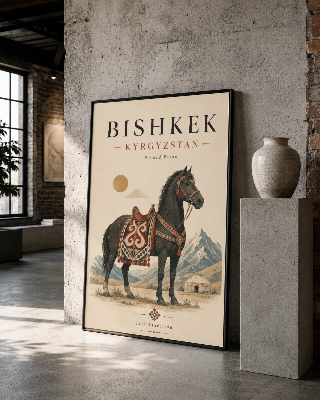 Geleneksel Kırgız atı temalı Bishkek posteri, siyah çerçevede minimalist tasarımda.