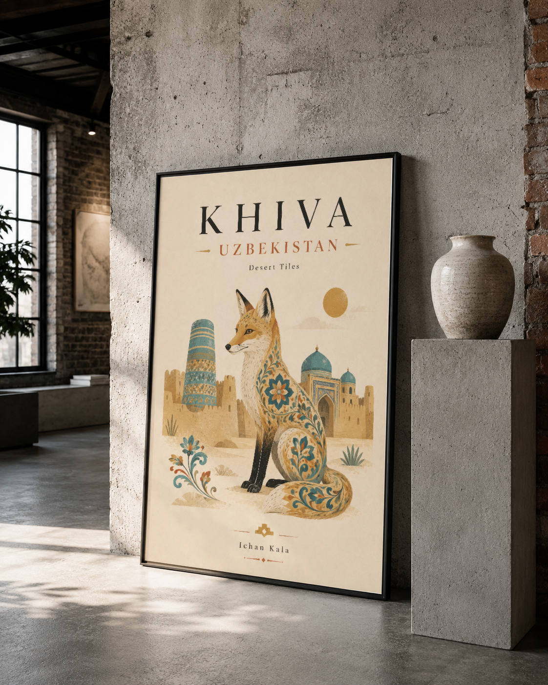 Siyah çerçeveli Khiva Özbekistan posteri, fabrika stilindeki depo alanında sanat eseri olarak konumlandırılmıştır.