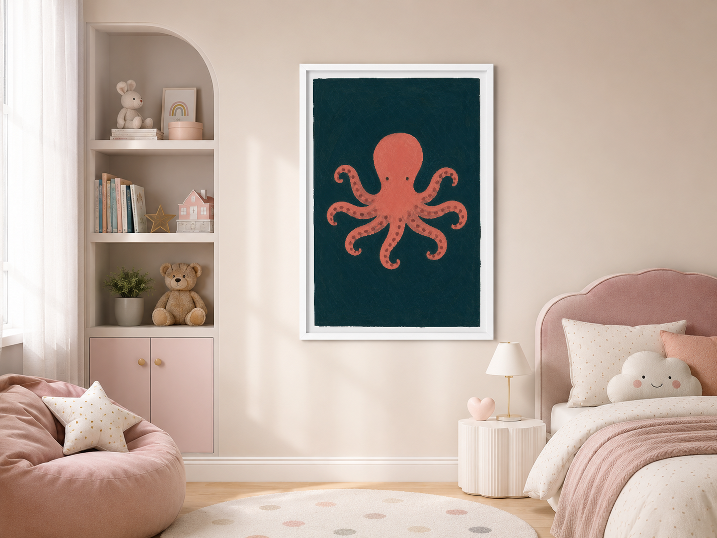 Beyaz çerçeveli ahtapot grafik tablosu, pembe tonlu kız çocuğu odası için şık duvar dekoru.